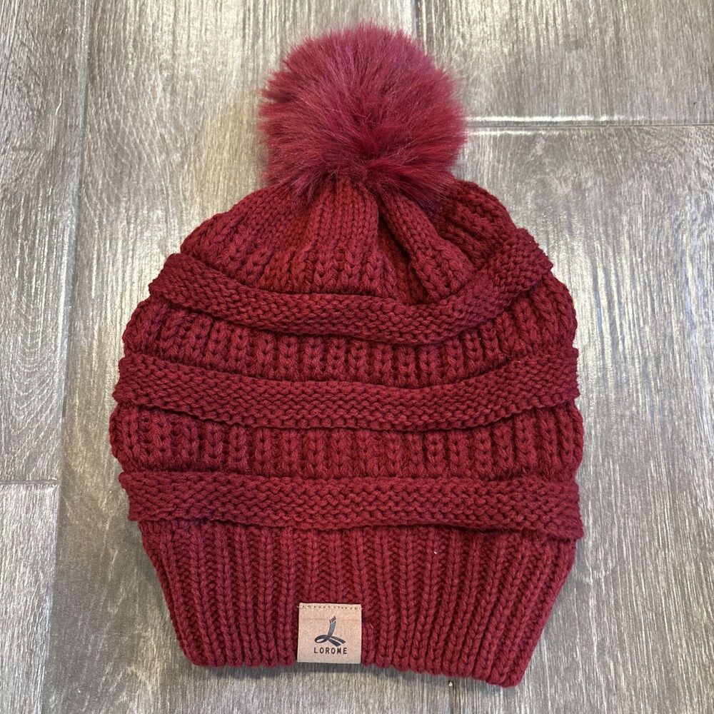 Lorome Slouchy Knit Red Winter Hat‎ With Pom Pom